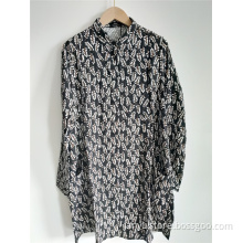 Black Printed Shirt With Standing Collar For Women